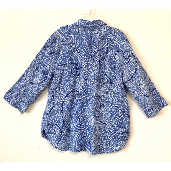 Chico's 100% Linen Shirt Size XL Blue Paisley Print Button Up 3/4 Sleeve - Picture 2 of 7